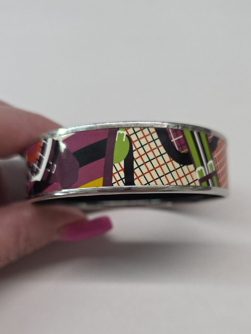 Hermes Purple/Green Printed Enamel Palladium Wide Bangle Bracelet Size 65 - Picture 4 of 9